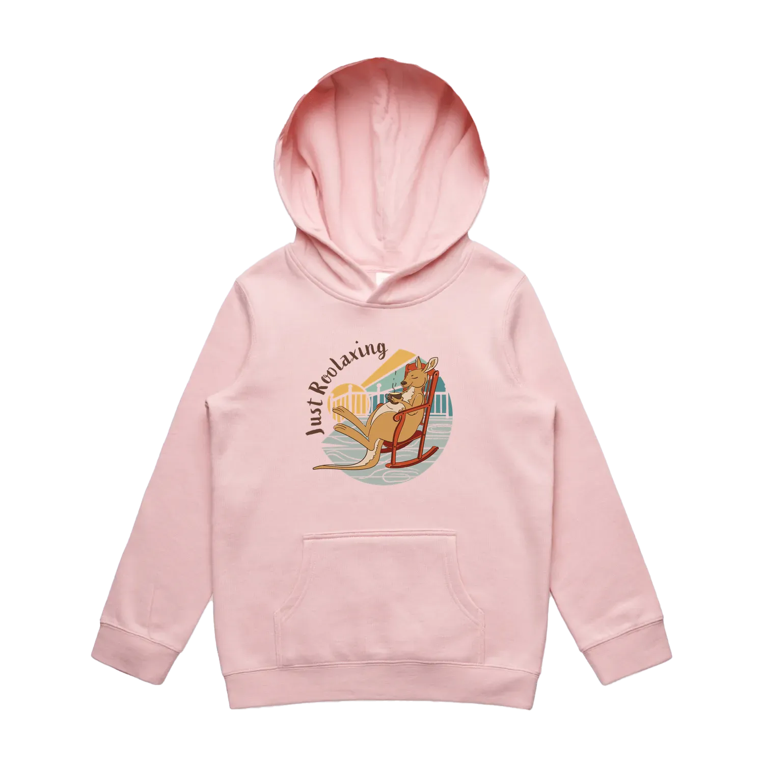 Kids pink kangaroo hoodie featuring a cute, funny hand-drawn kangaroo design, Just Roolaxing print
