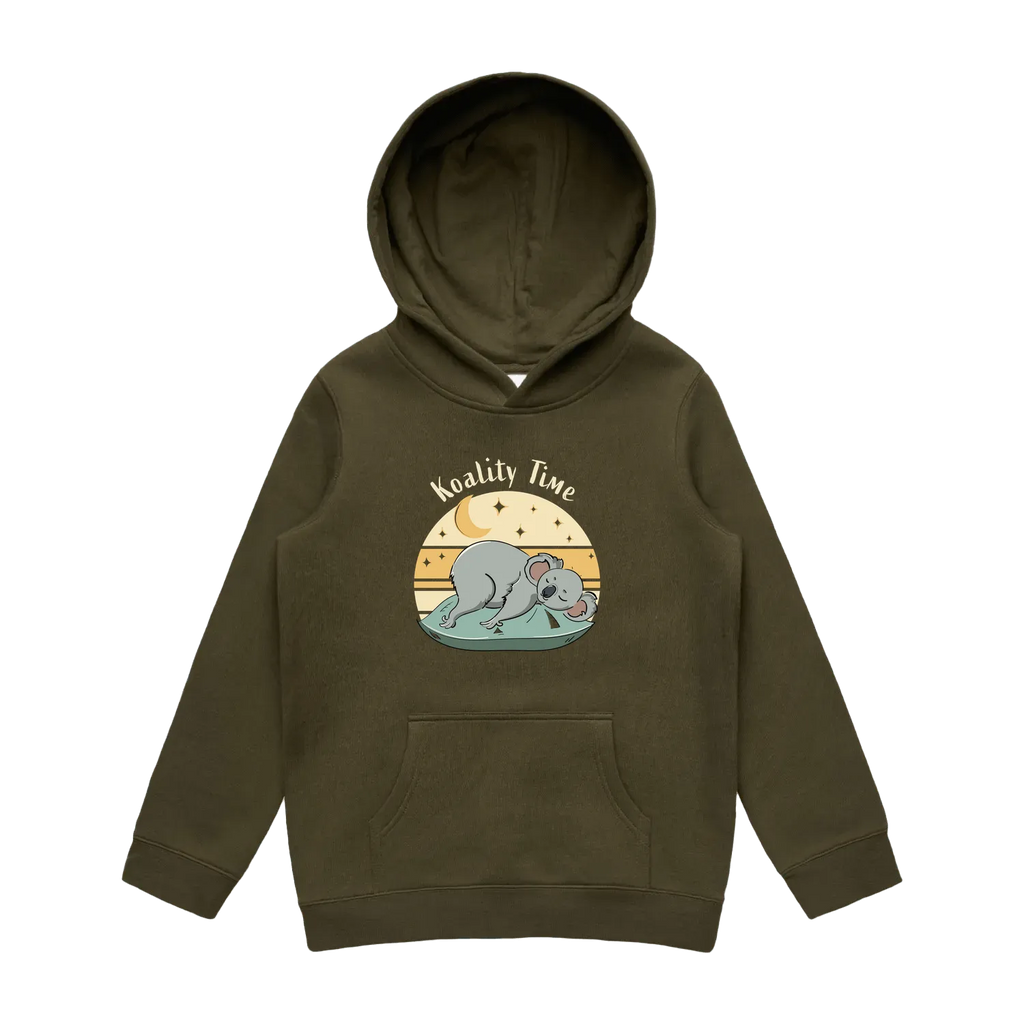 Kids army koala hoodie featuring a cute, funny hand-drawn koala design, Koality Time print