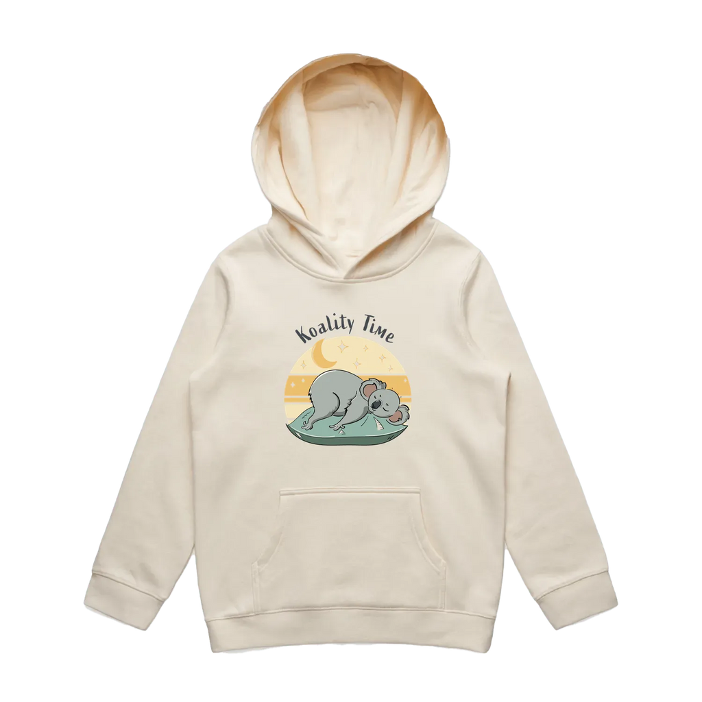 Kids ecru koala hoodie featuring a cute, funny hand-drawn koala design, Koality Time print