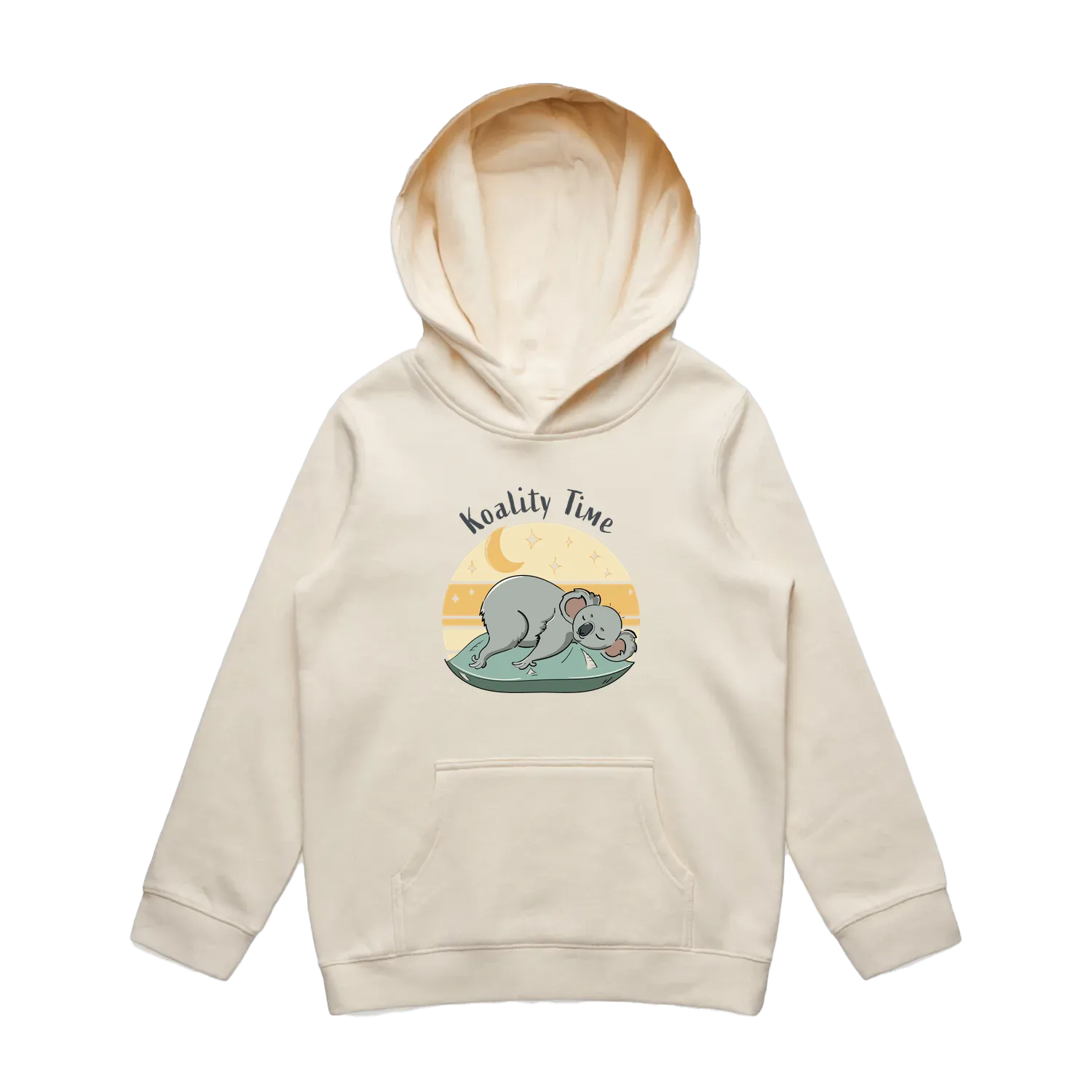Kids ecru koala hoodie featuring a cute, funny hand-drawn koala design, Koality Time print