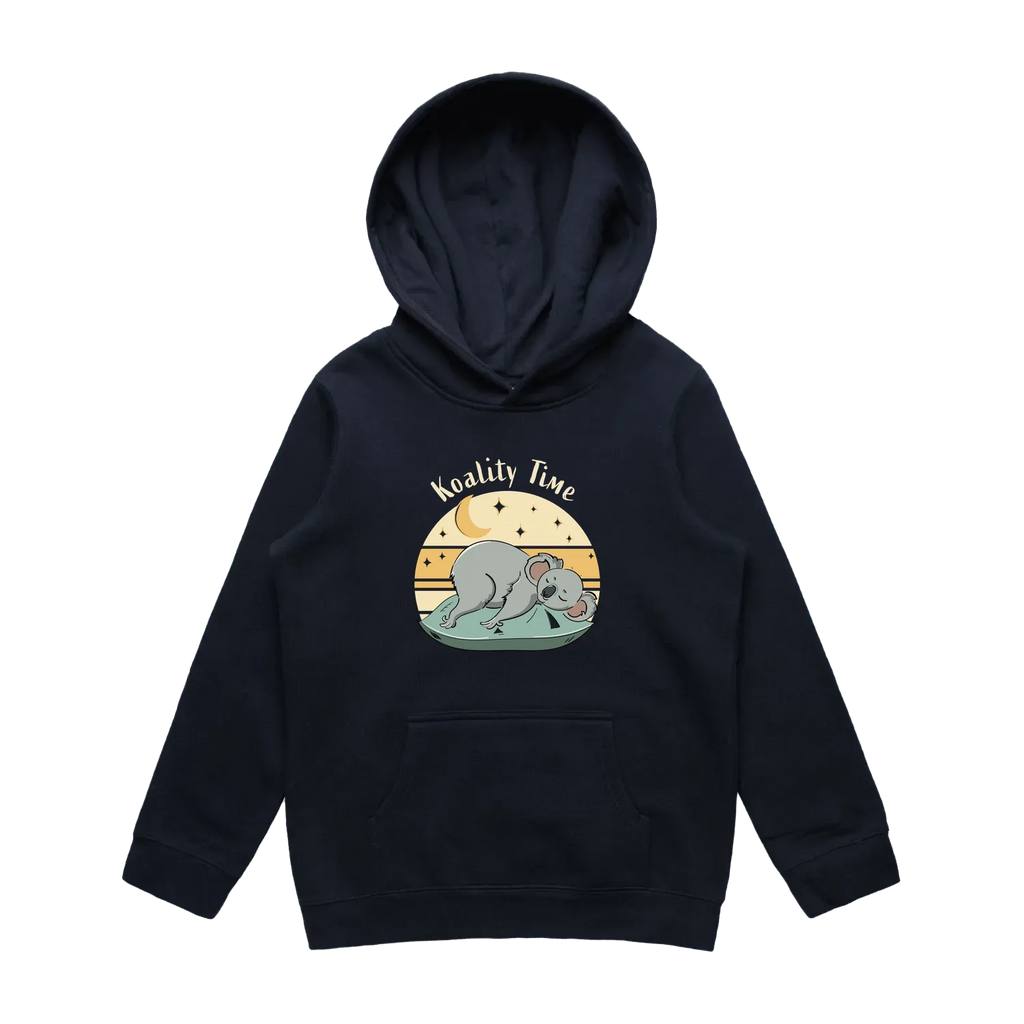 Kids navy koala hoodie featuring a cute, funny hand-drawn koala design, Koality Time print