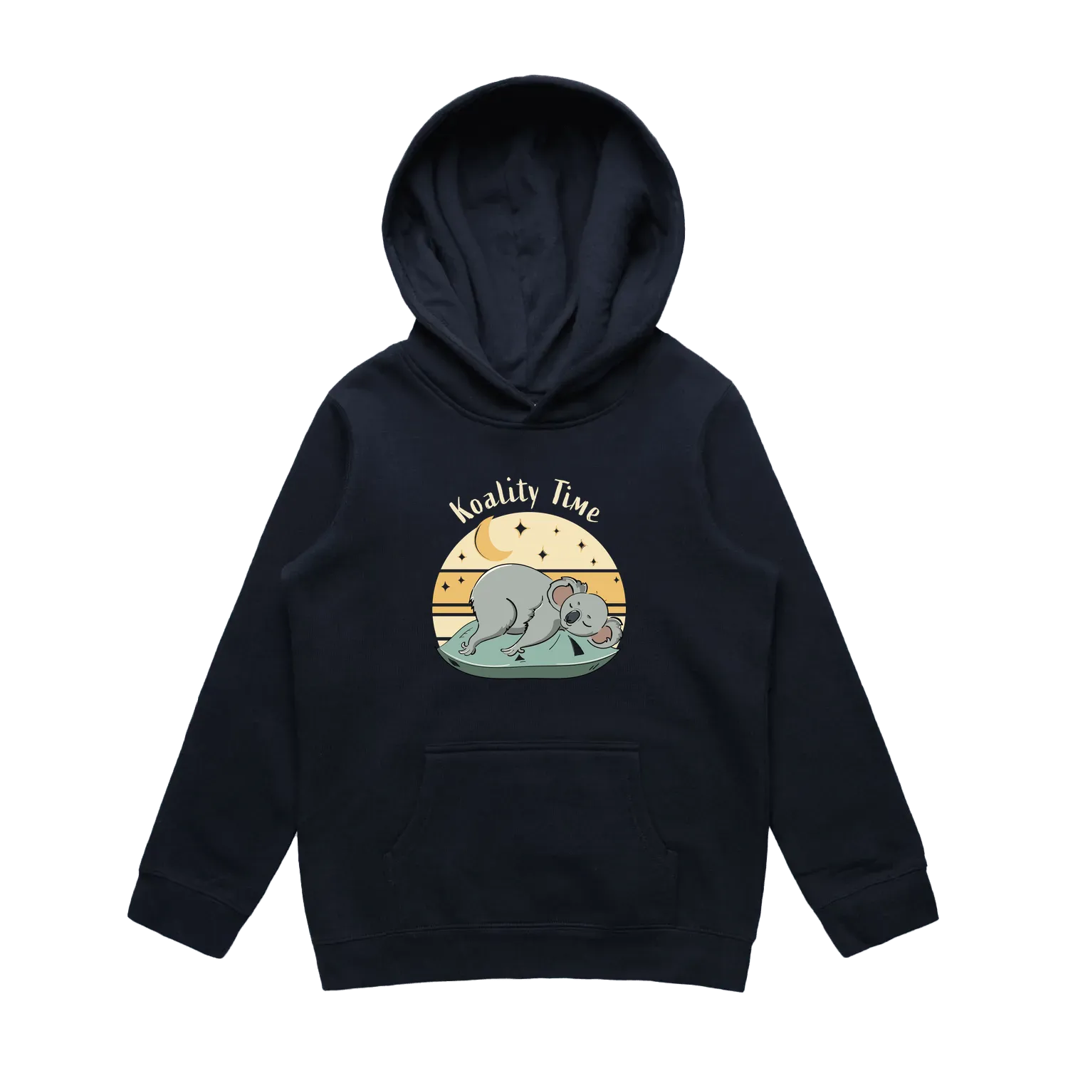 Kids navy koala hoodie featuring a cute, funny hand-drawn koala design, Koality Time print