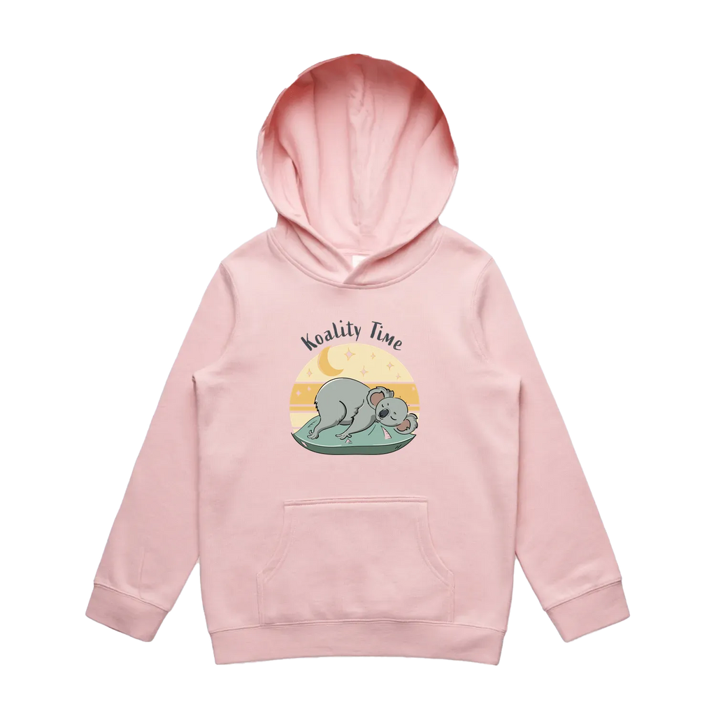 Kids pink koala hoodie featuring a cute, funny hand-drawn koala design, Koality Time print