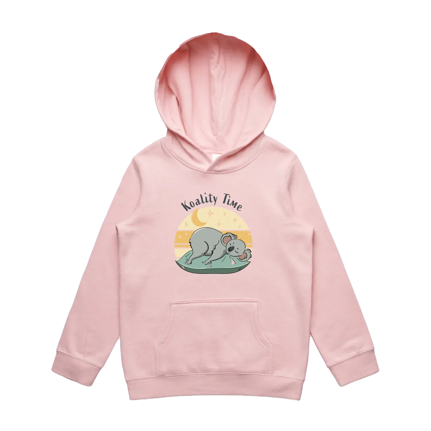 Kids pink koala hoodie featuring a cute, funny hand-drawn koala design, Koality Time print