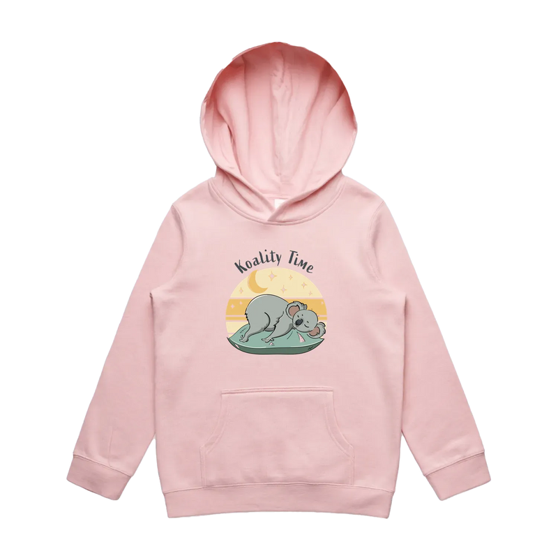 Kids pink koala hoodie featuring a cute, funny hand-drawn koala design, Koality Time print