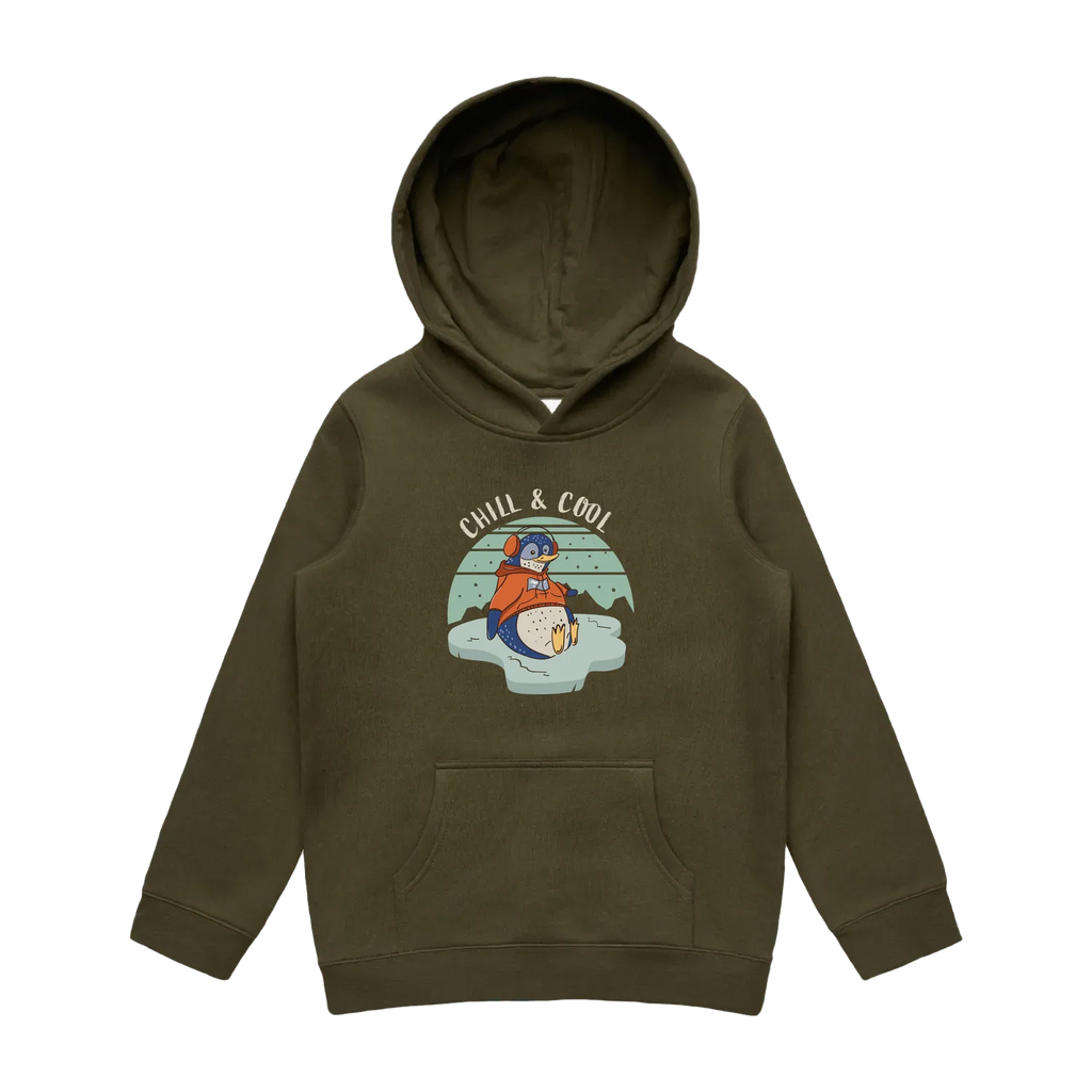 Kids army penguin hoodie featuring a cute, funny hand-drawn penguin design, Chill & Cool print