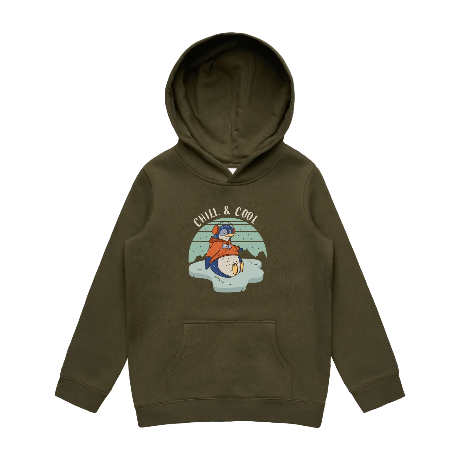 Kids army penguin hoodie featuring a cute, funny hand-drawn penguin design, Chill & Cool print