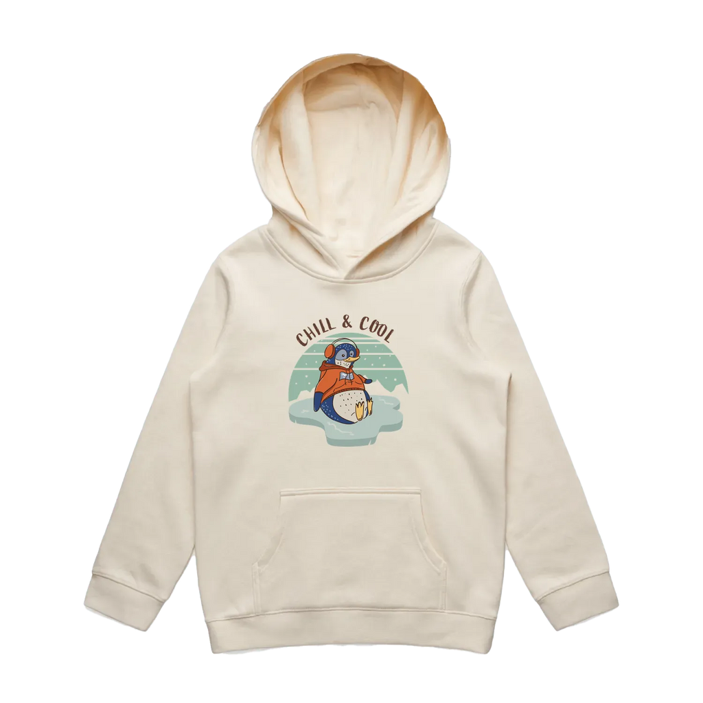Kids ecru penguin hoodie featuring a cute, funny hand-drawn penguin design, Chill & Cool print