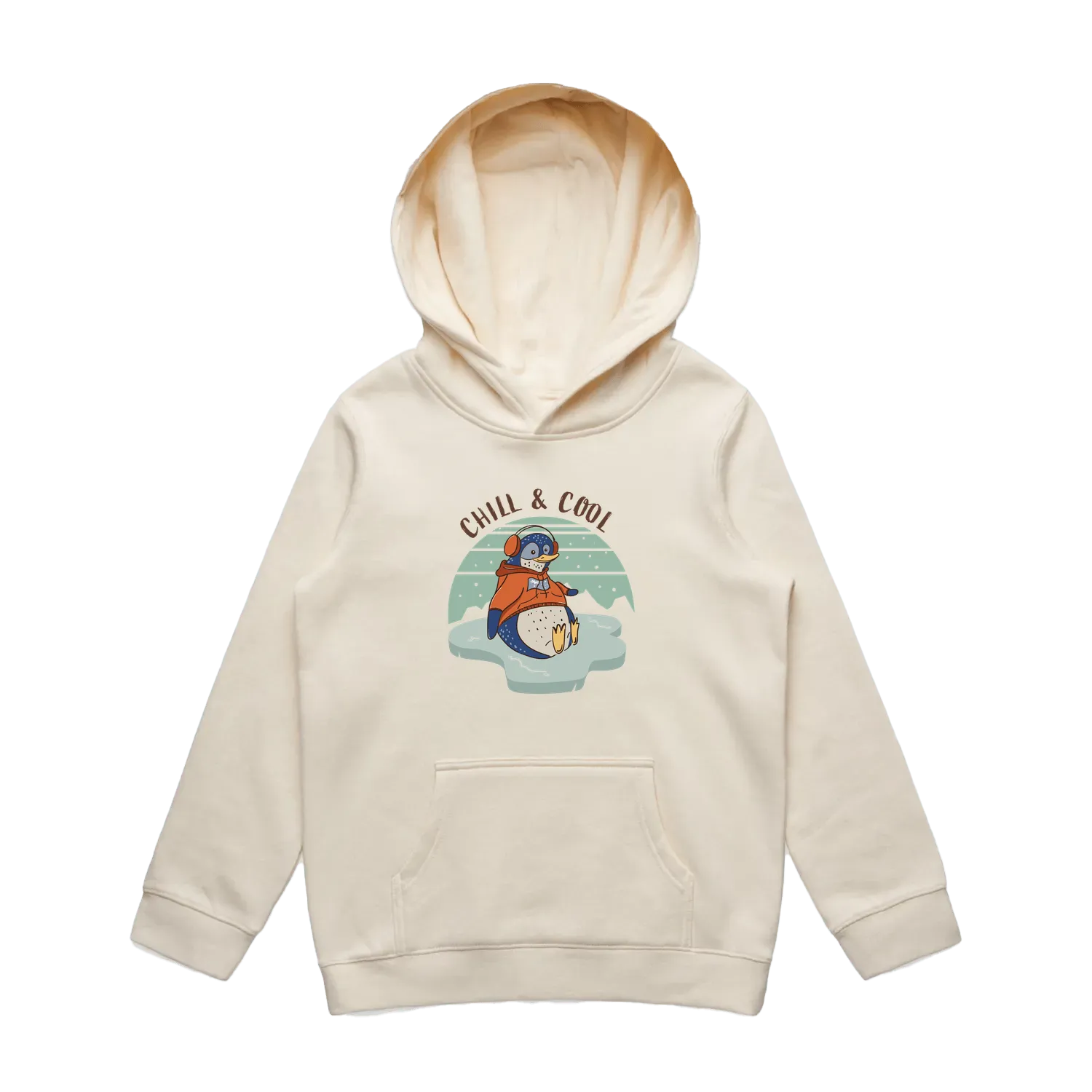 Kids ecru penguin hoodie featuring a cute, funny hand-drawn penguin design, Chill & Cool print