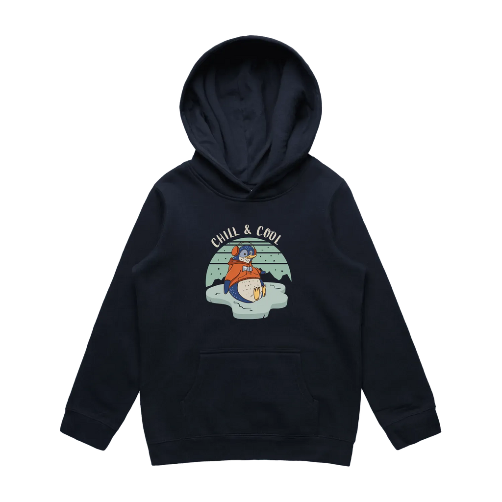 Kids navy penguin hoodie featuring a cute, funny hand-drawn penguin design, Chill & Cool print