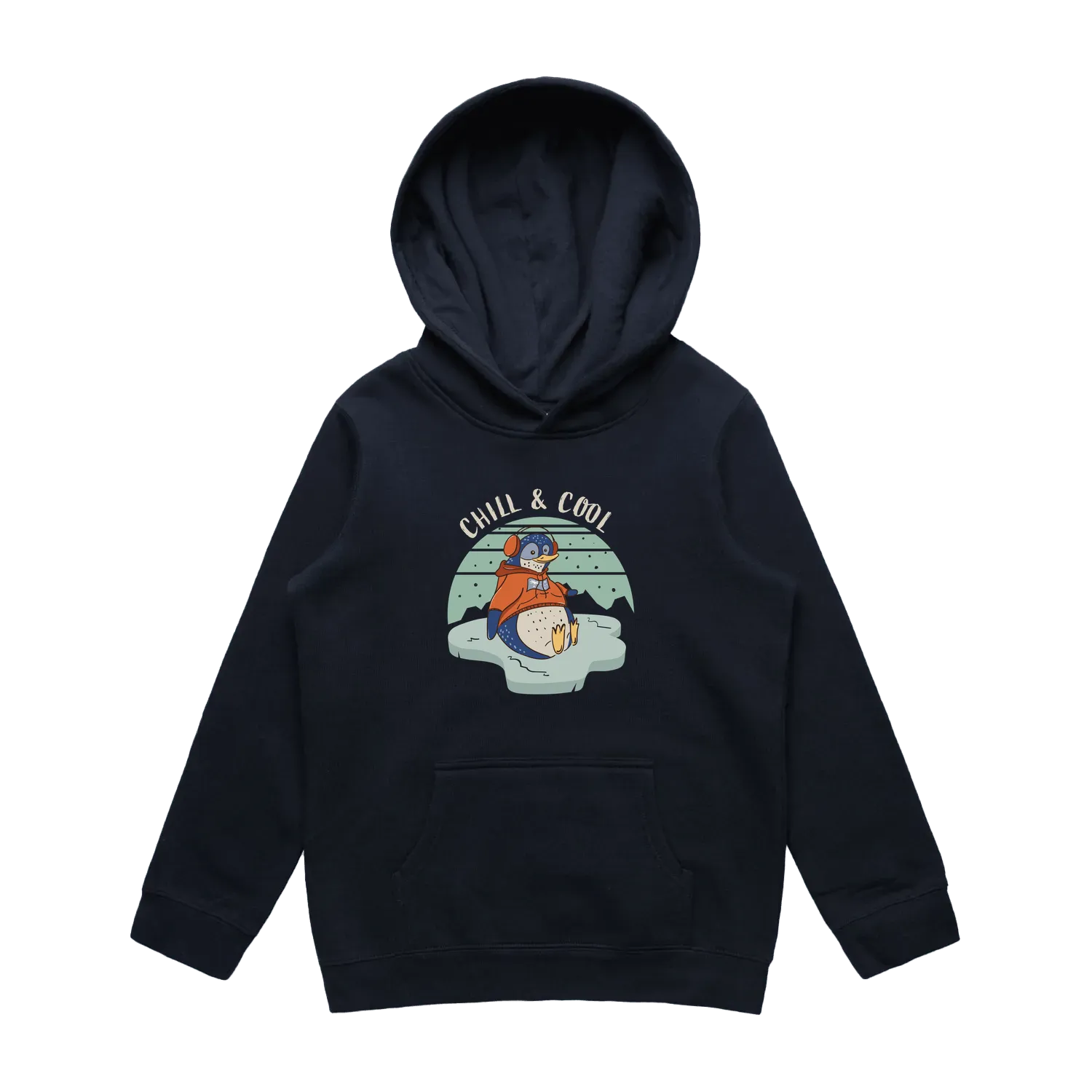 Kids navy penguin hoodie featuring a cute, funny hand-drawn penguin design, Chill & Cool print