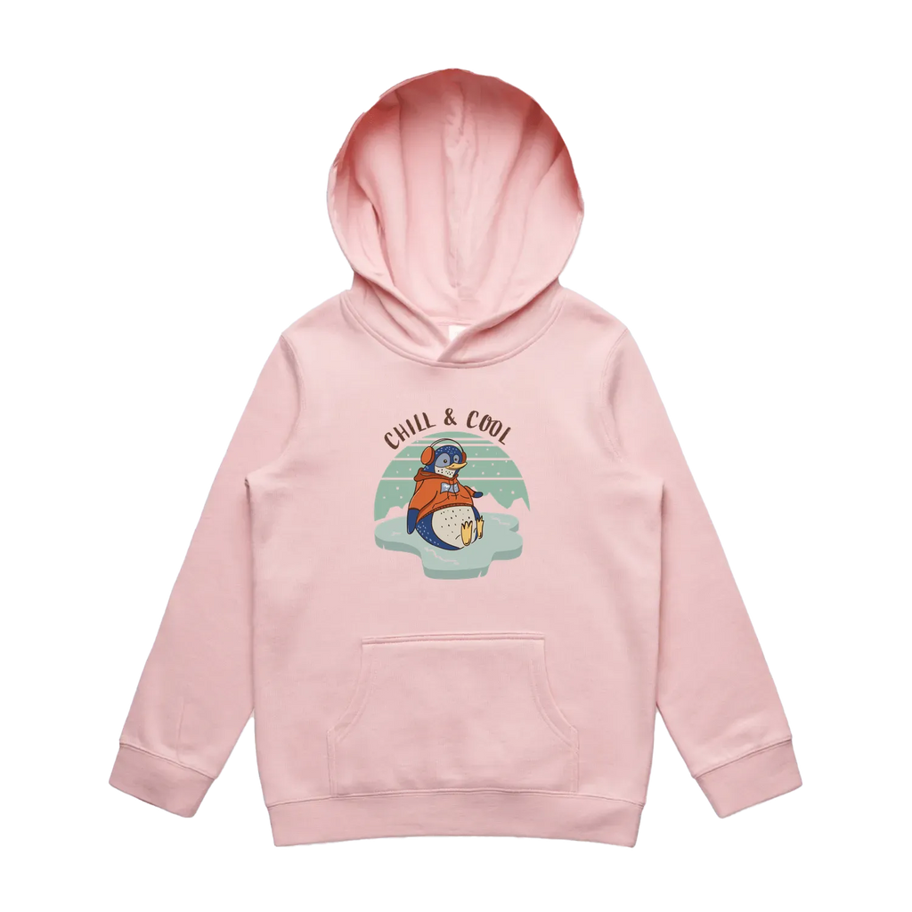 Kids pink penguin hoodie featuring a cute, funny hand-drawn penguin design, Chill & Cool print
