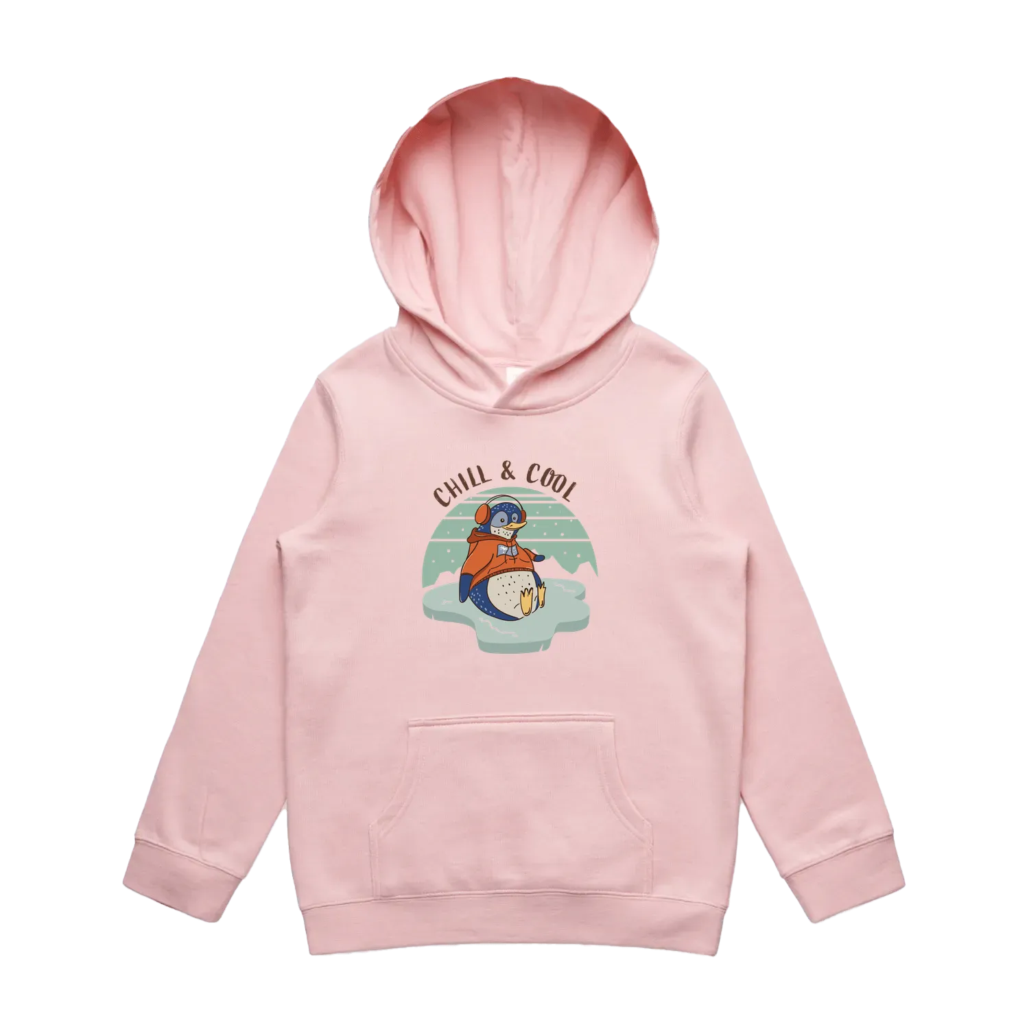 Kids pink penguin hoodie featuring a cute, funny hand-drawn penguin design, Chill & Cool print