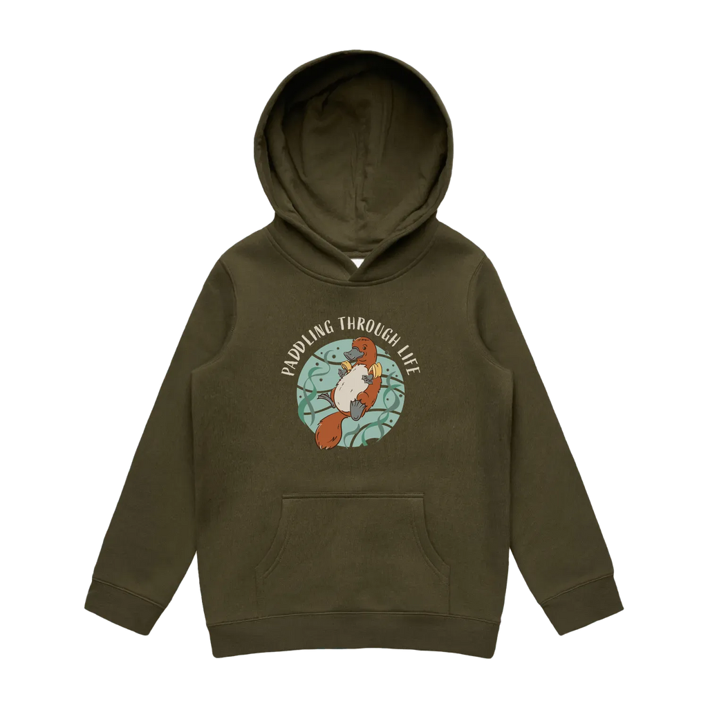 Kids army platypus hoodie featuring a cute, funny hand-drawn platypus design, Paddling Through Life print