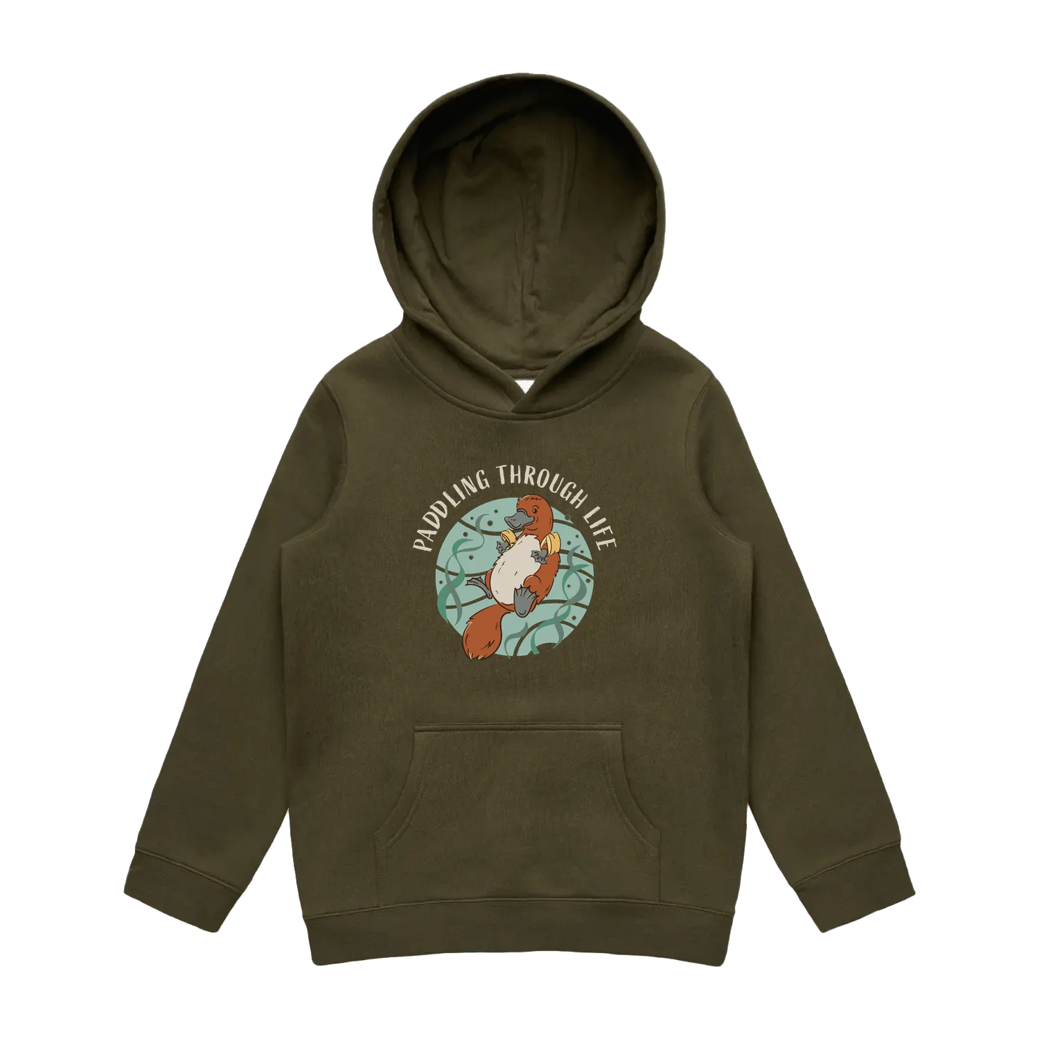 Kids army platypus hoodie featuring a cute, funny hand-drawn platypus design, Paddling Through Life print