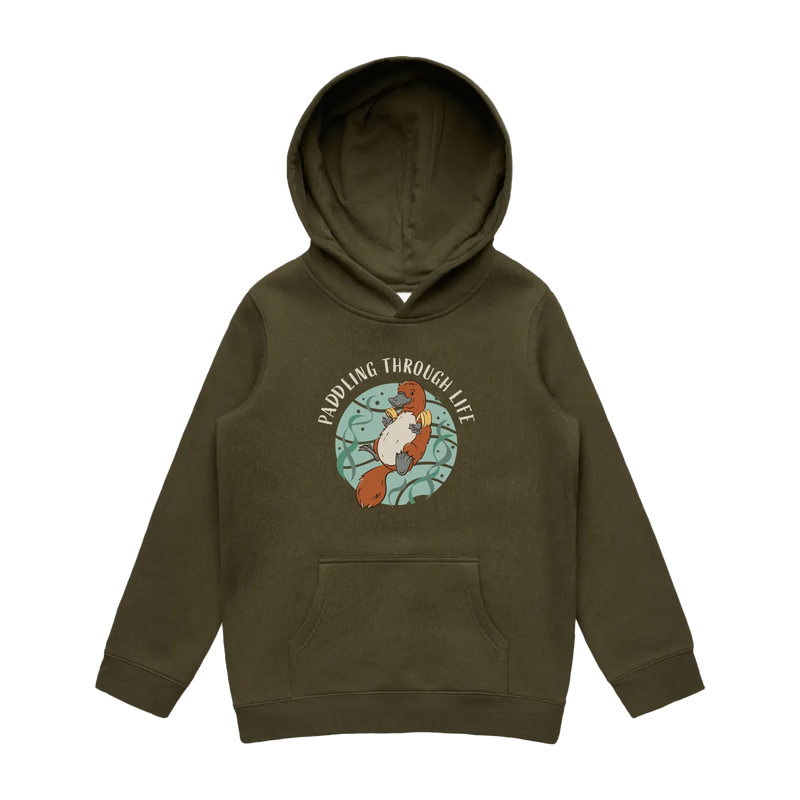Kids army platypus hoodie featuring a cute, funny hand-drawn platypus design, Paddling Through Life print