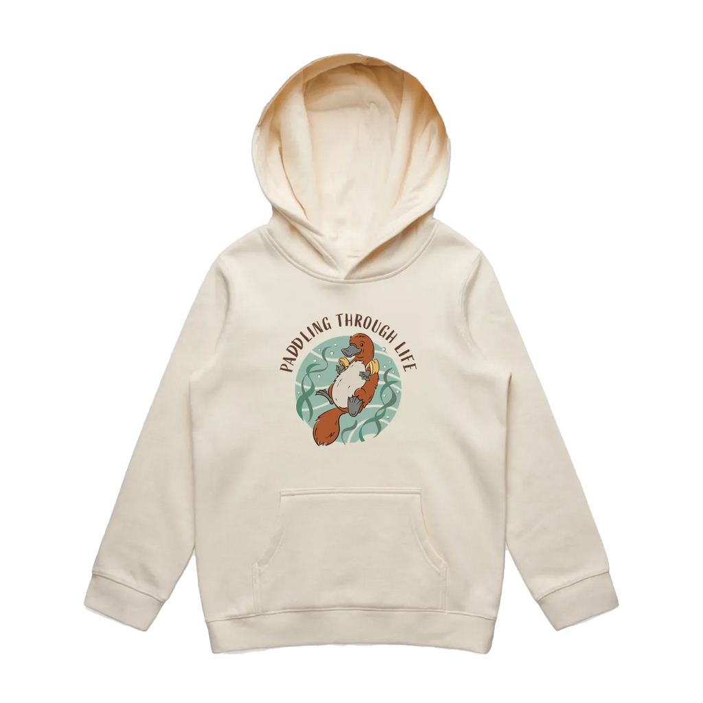 EKids ecru platypus hoodie featuring a cute, funny hand-drawn platypus design, Paddling Through Life print