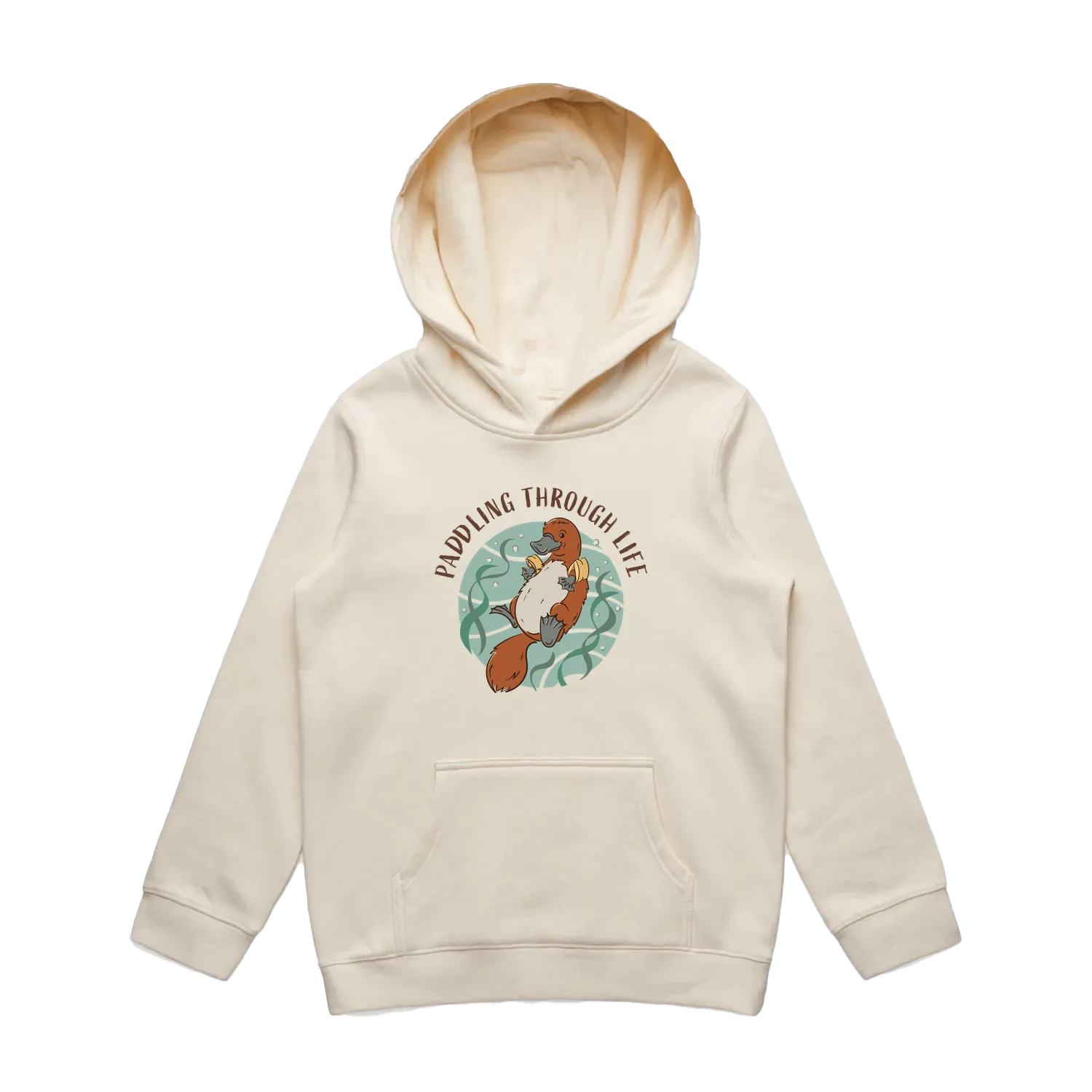 EKids ecru platypus hoodie featuring a cute, funny hand-drawn platypus design, Paddling Through Life print