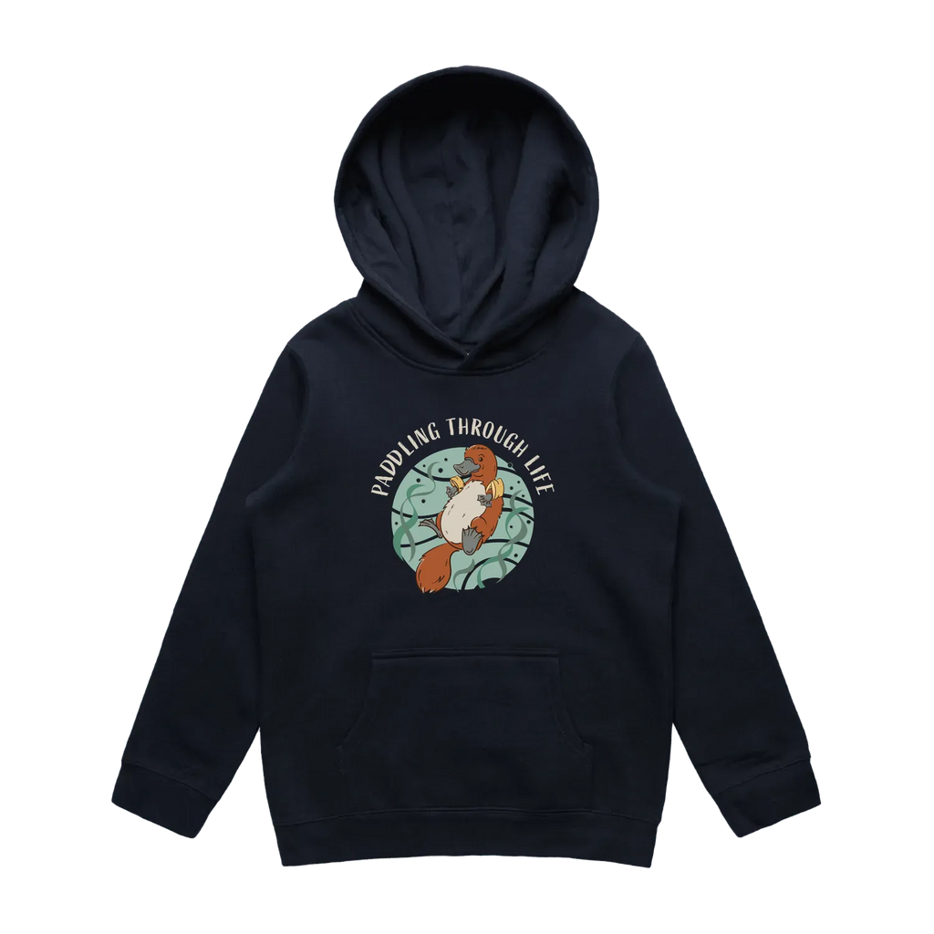 Kids navy platypus hoodie featuring a cute, funny hand-drawn platypus design, Paddling Through Life print