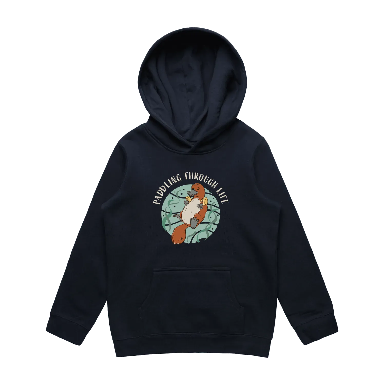 Kids navy platypus hoodie featuring a cute, funny hand-drawn platypus design, Paddling Through Life print