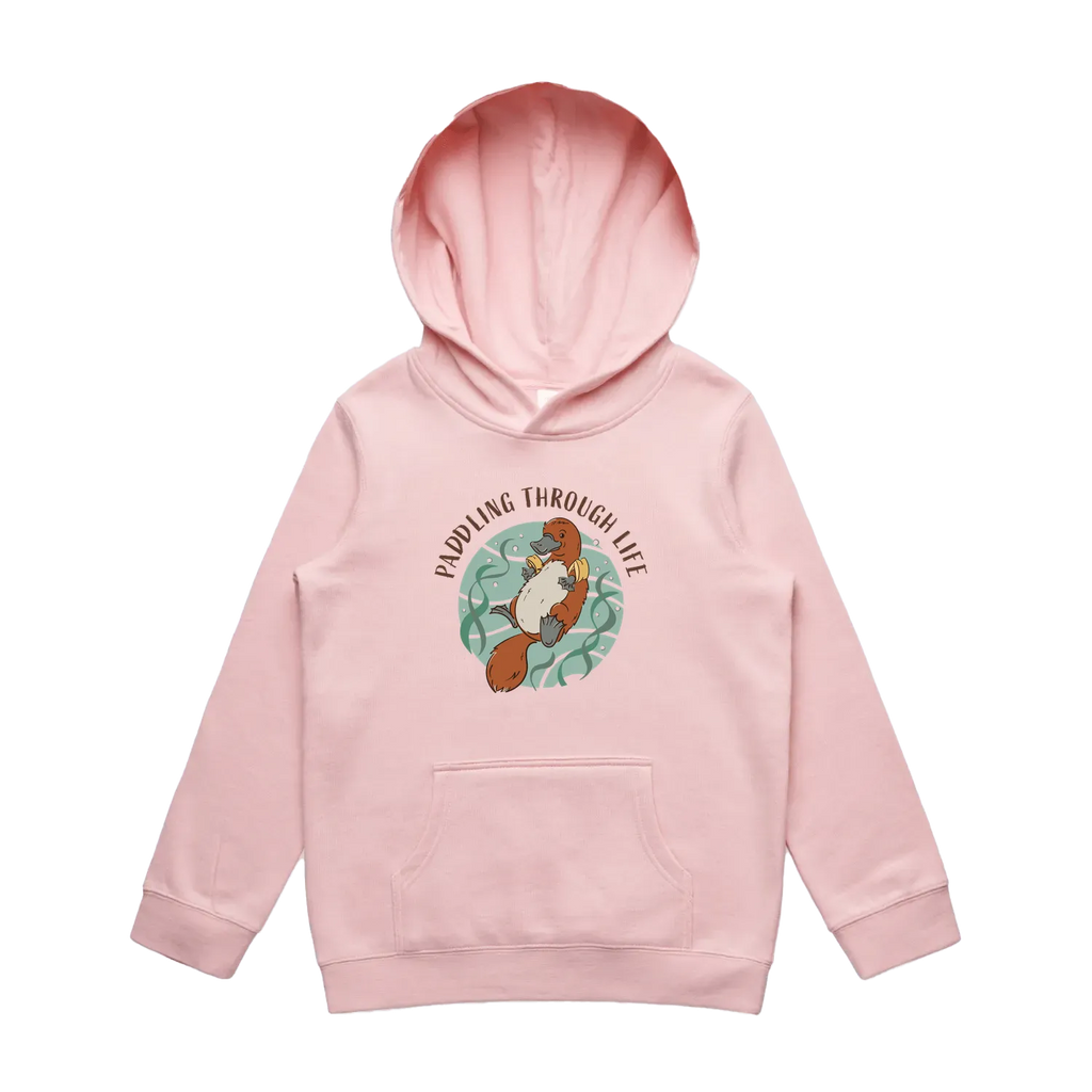 Kids pink platypus hoodie featuring a cute, funny hand-drawn platypus design, Paddling Through Life print