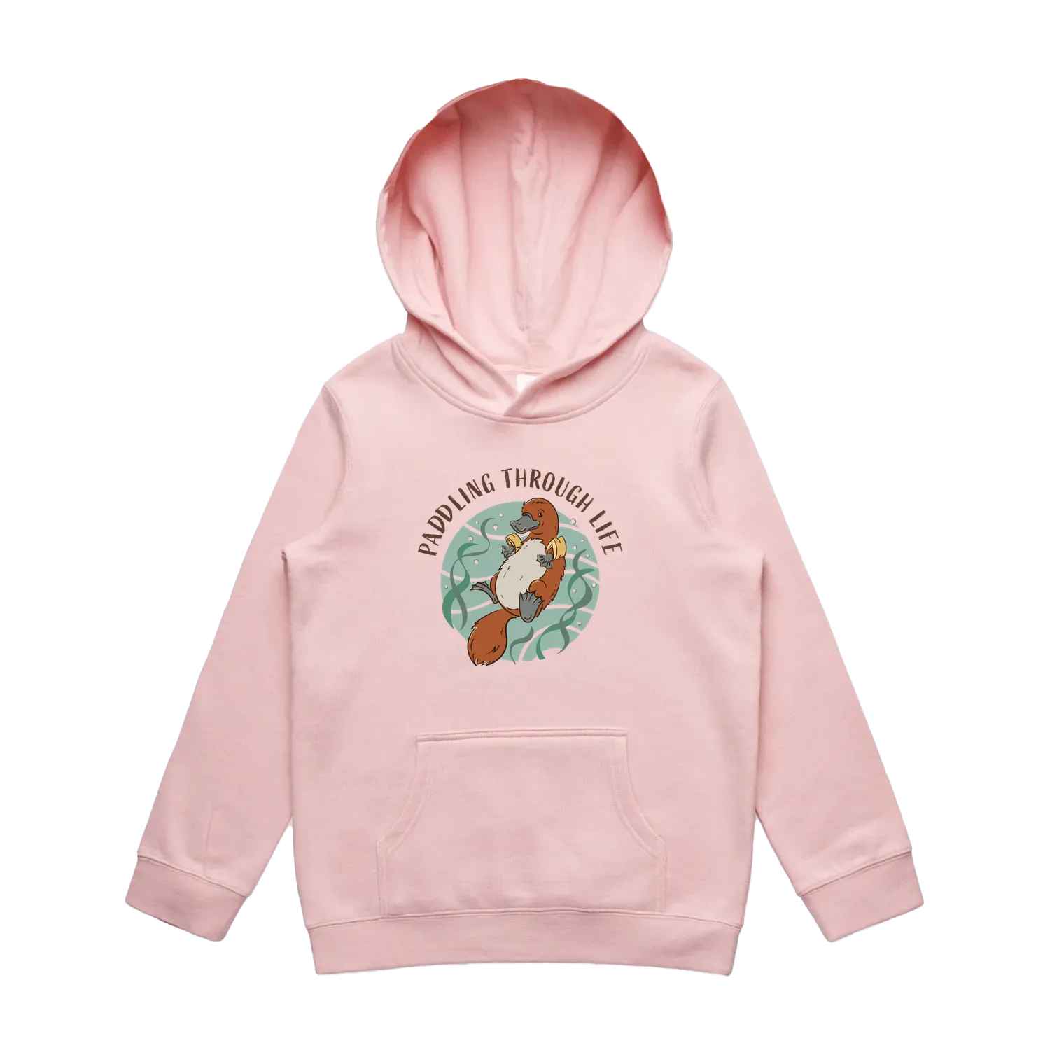 Kids pink platypus hoodie featuring a cute, funny hand-drawn platypus design, Paddling Through Life print