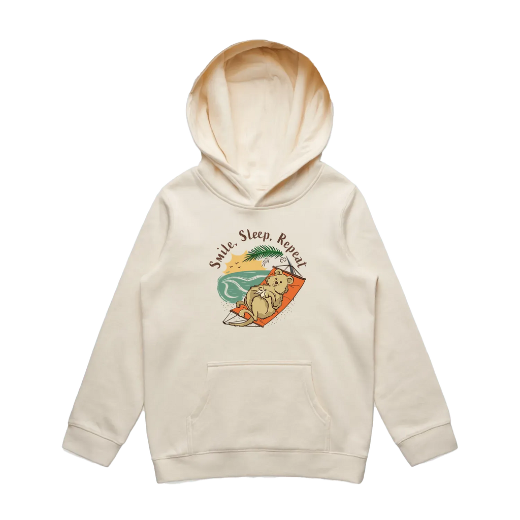 Kids ecru quokka hoodie featuring a cute, funny smiling quokka design, Smile Sleep Repeat print