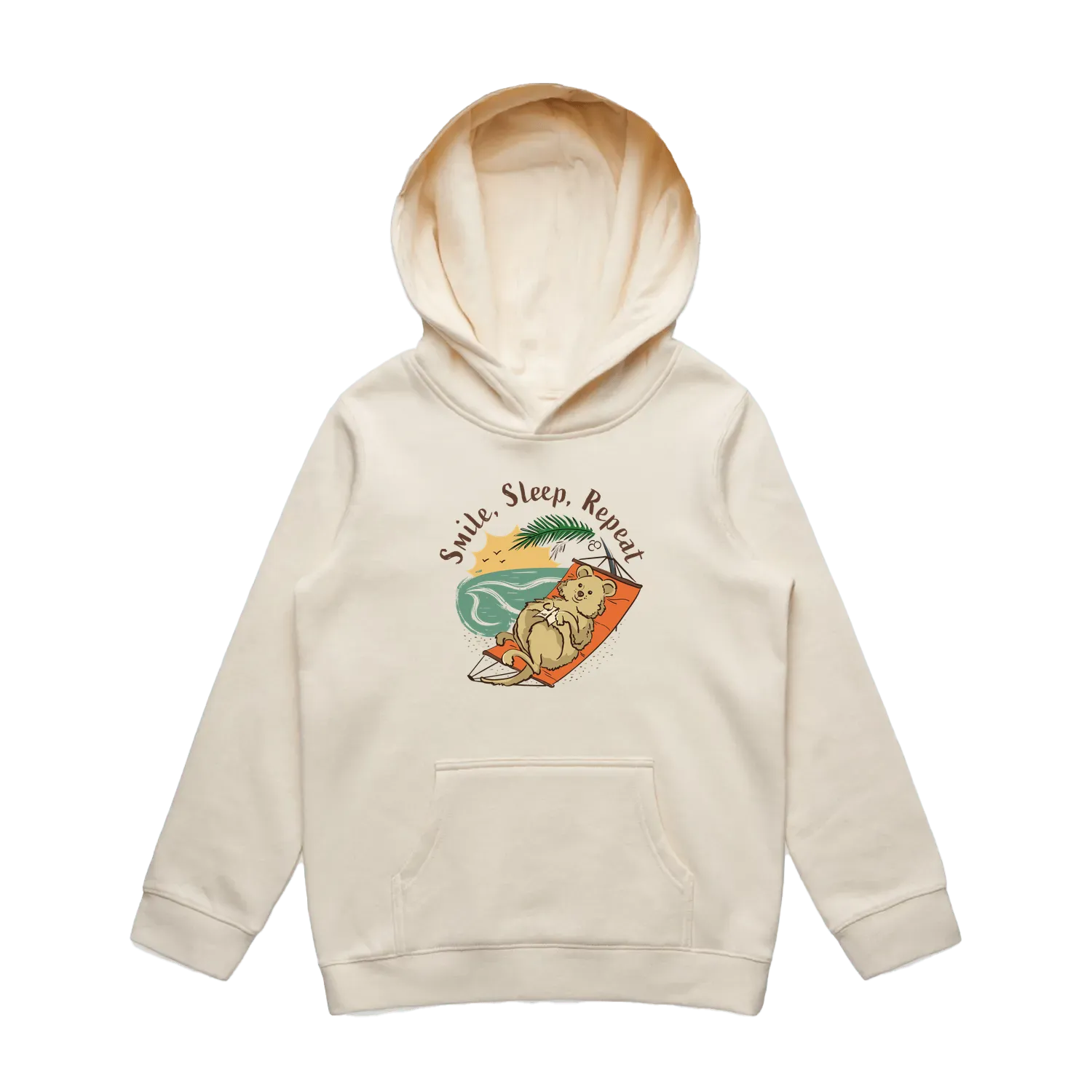 Kids ecru quokka hoodie featuring a cute, funny smiling quokka design, Smile Sleep Repeat print