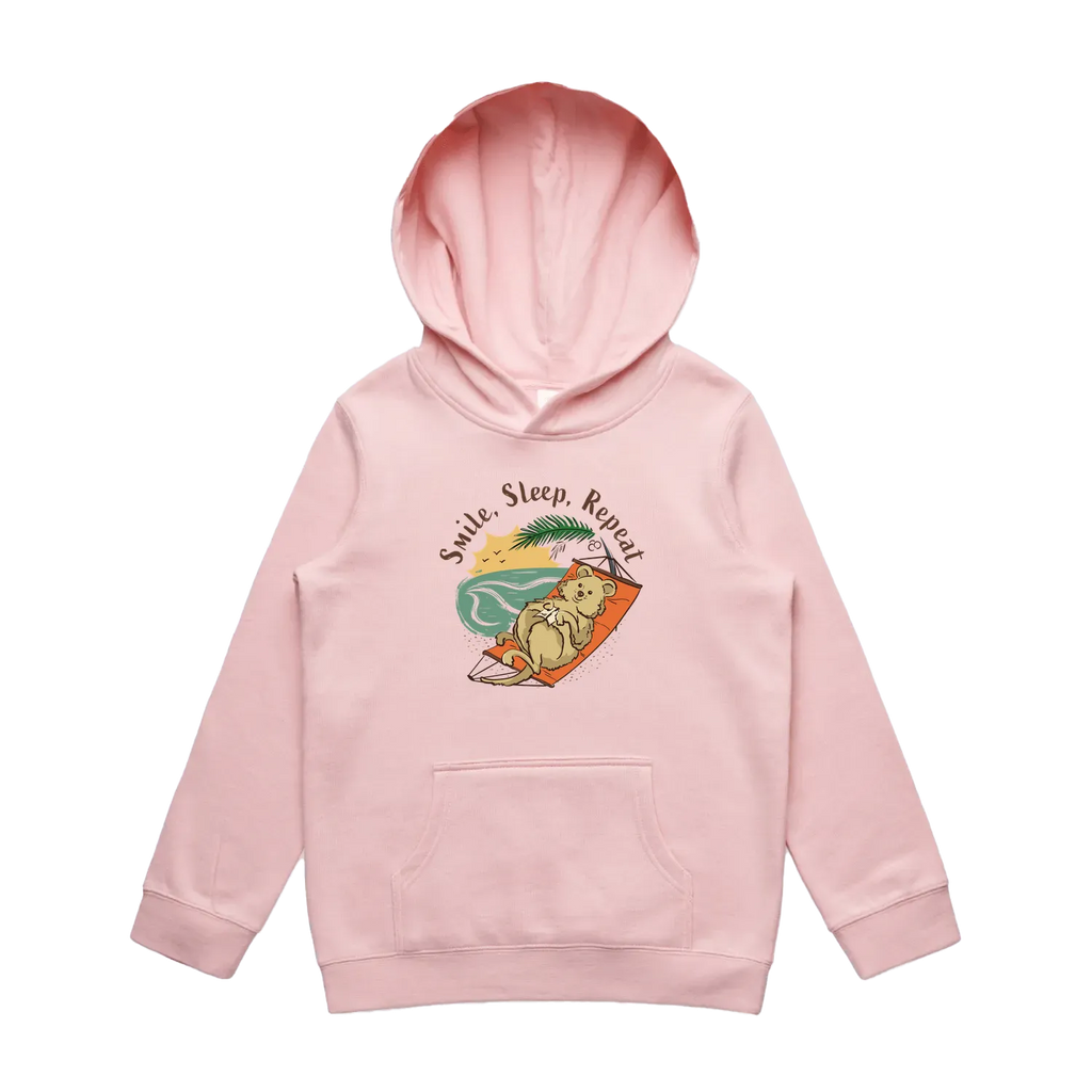 Kids pink quokka hoodie featuring a cute, funny smiling quokka design, Smile Sleep Repeat print