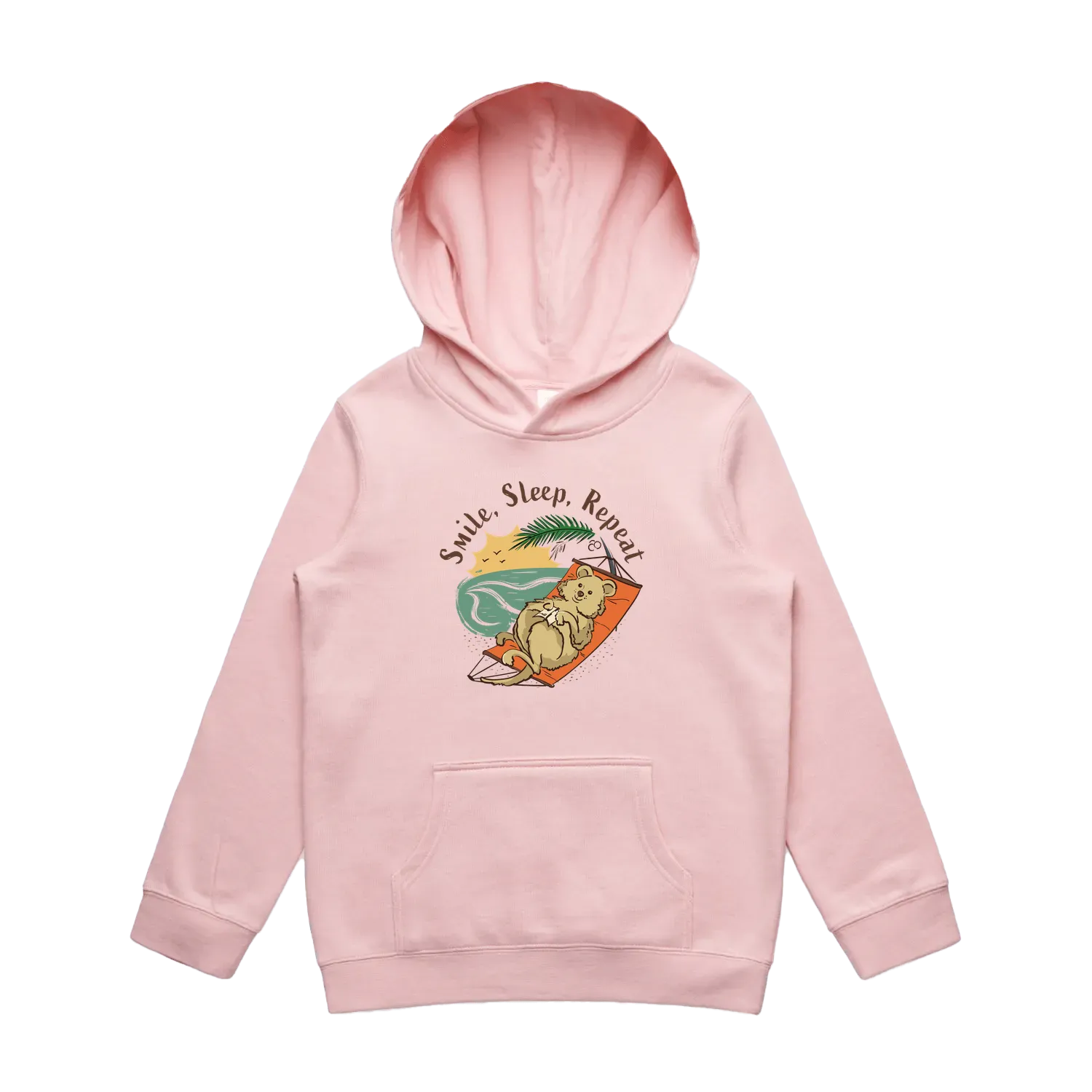 Kids pink quokka hoodie featuring a cute, funny smiling quokka design, Smile Sleep Repeat print