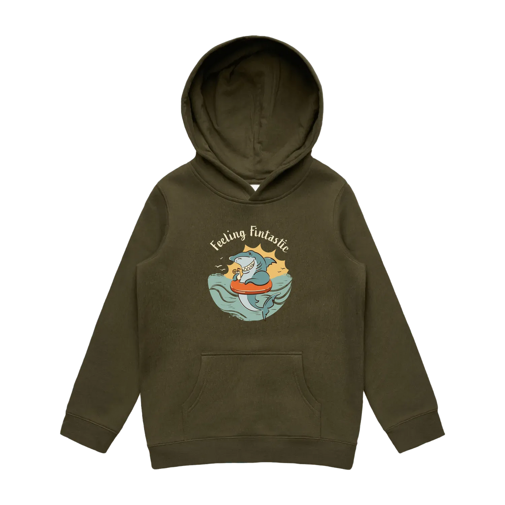 Kids army shark hoodie featuring a cute, funny hand-drawn shark design, Feeling Fintastic print