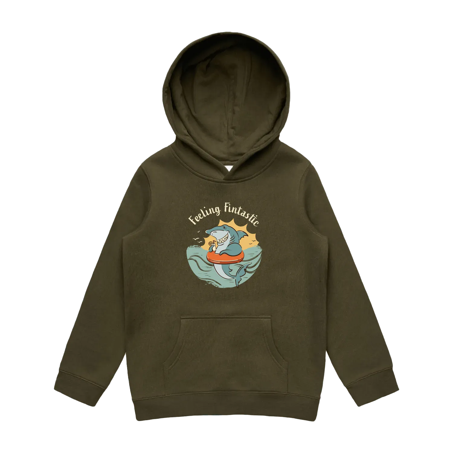 Kids army shark hoodie featuring a cute, funny hand-drawn shark design, Feeling Fintastic print