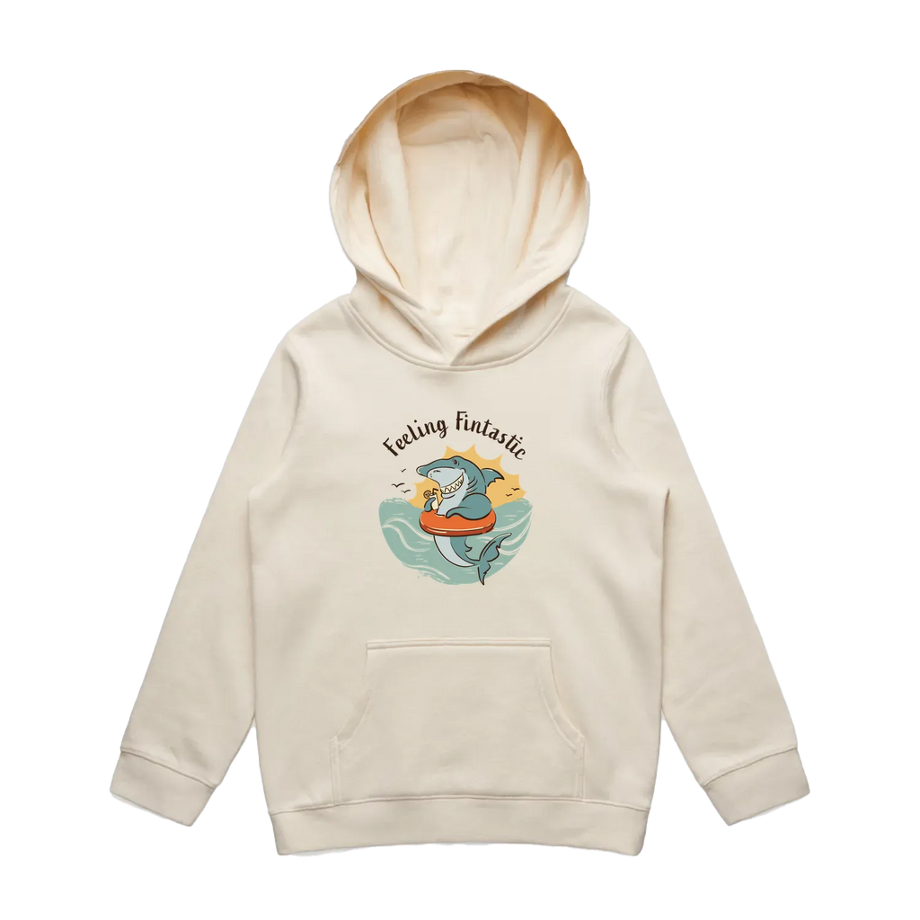 Kids ecru shark hoodie featuring a cute, funny hand-drawn shark design, Feeling Fintastic print
