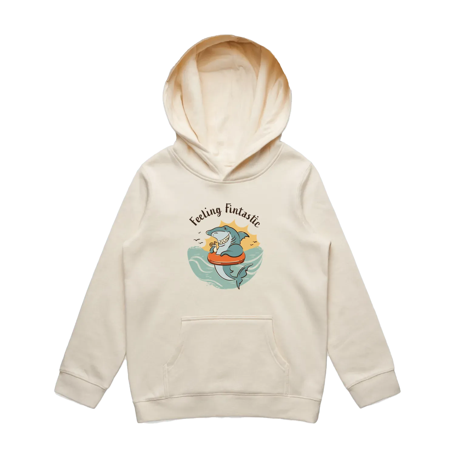 Kids ecru shark hoodie featuring a cute, funny hand-drawn shark design, Feeling Fintastic print