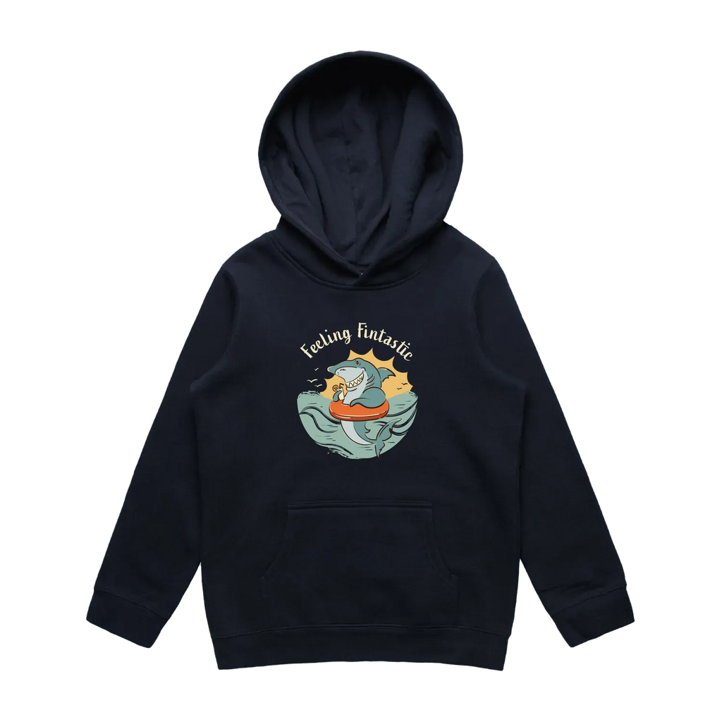 Kids navy shark hoodie featuring a cute, funny hand-drawn shark design, Feeling Fintastic print
