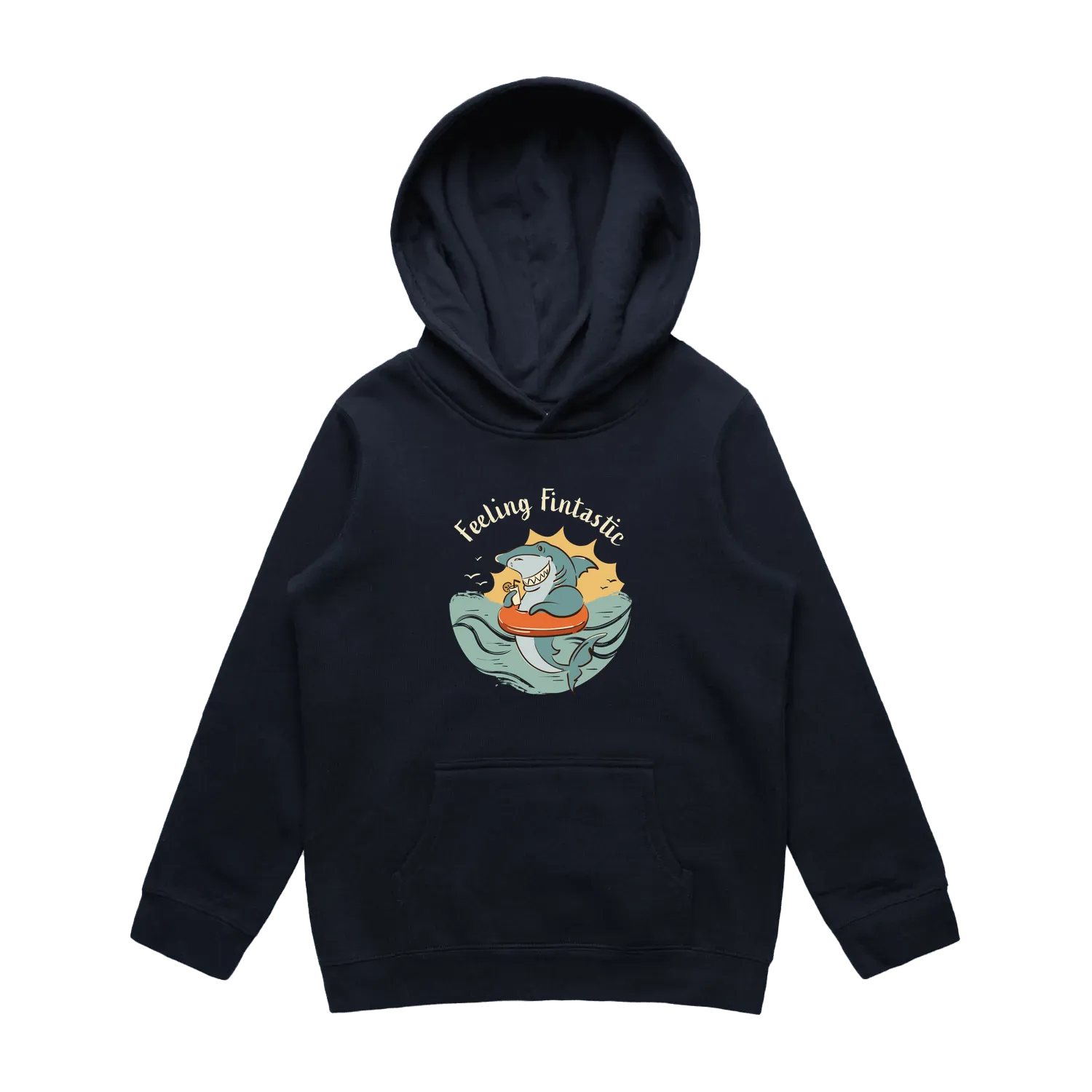 Kids navy shark hoodie featuring a cute, funny hand-drawn shark design, Feeling Fintastic print