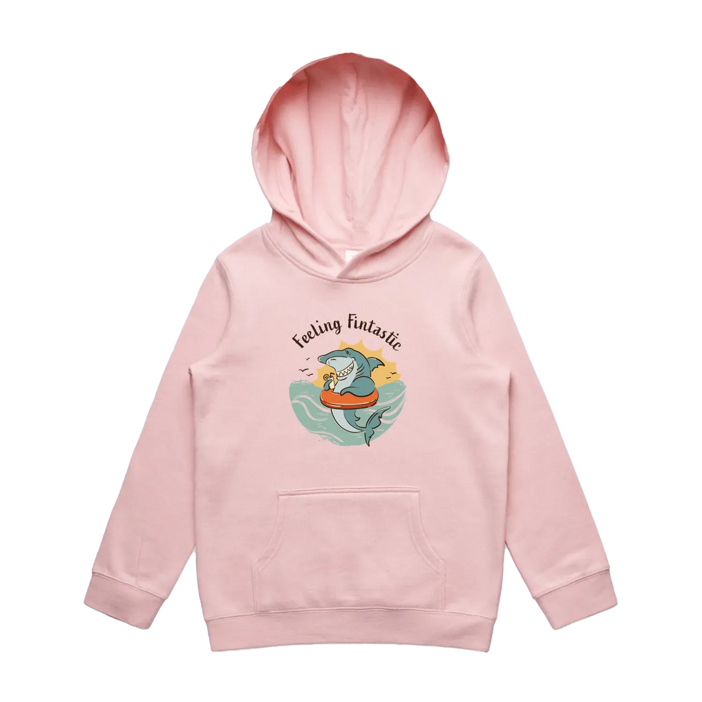 Kids pink shark hoodie featuring a cute, funny hand-drawn shark design, Feeling Fintastic print