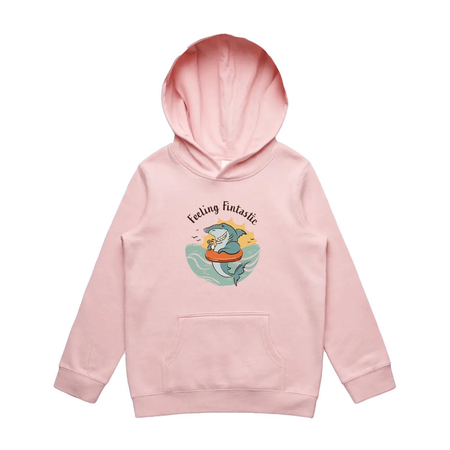 Kids pink shark hoodie featuring a cute, funny hand-drawn shark design, Feeling Fintastic print