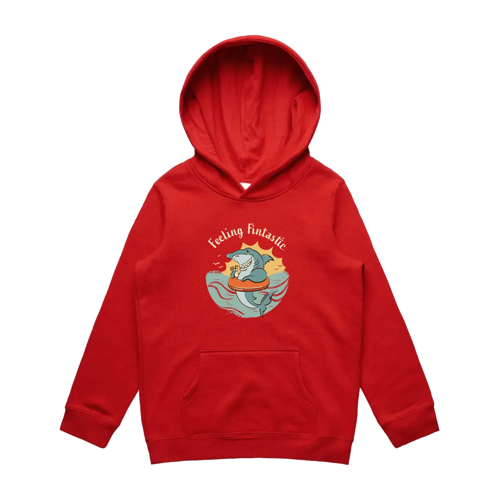 Kids red shark hoodie featuring a cute, funny hand-drawn shark design, Feeling Fintastic print
