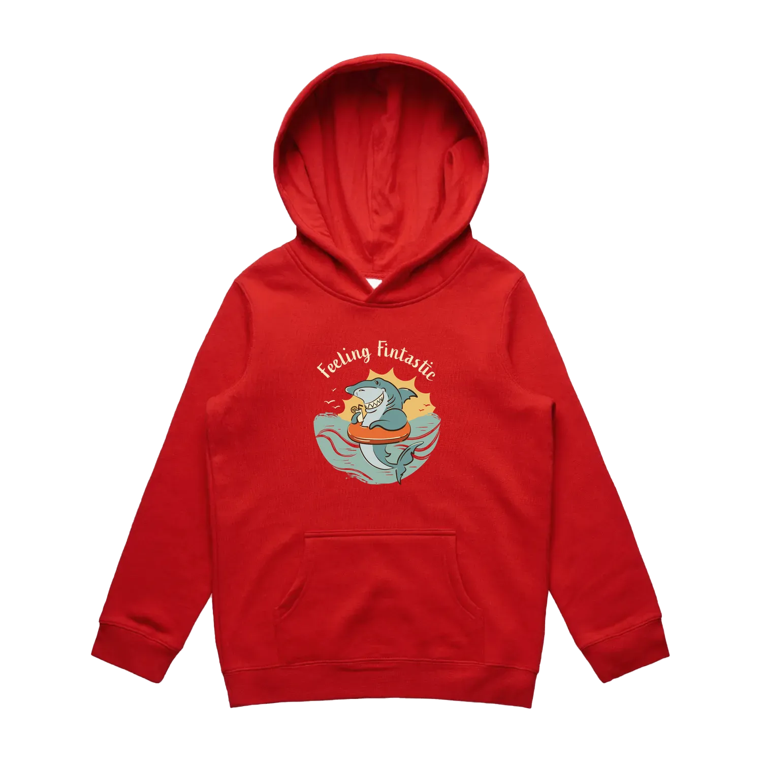 Kids red shark hoodie featuring a cute, funny hand-drawn shark design, Feeling Fintastic print