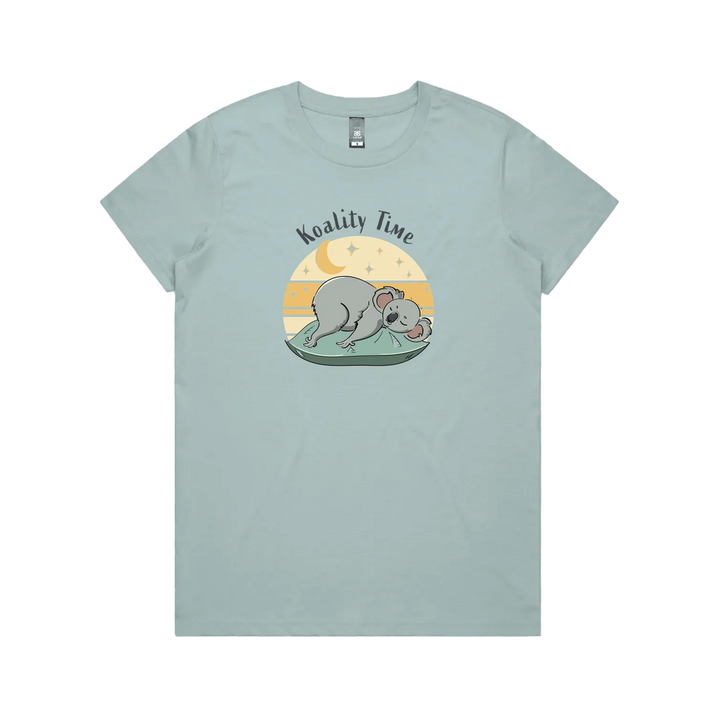 Funny women’s pale blue t-shirt with hand-drawn relaxed koala design