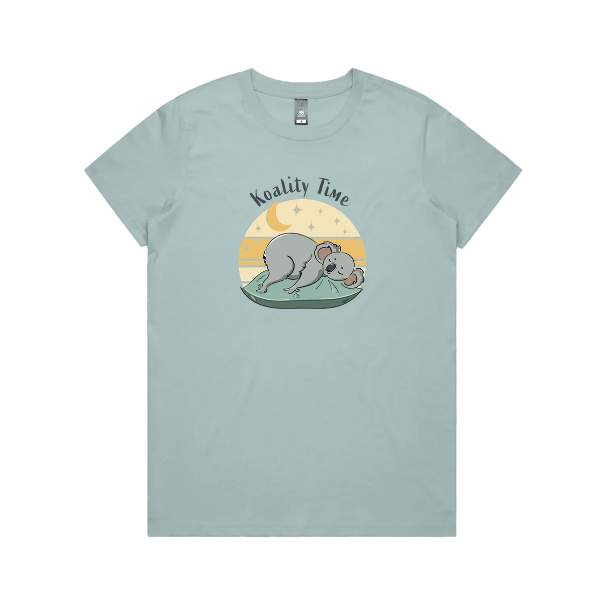 Funny women’s pale blue t-shirt with hand-drawn relaxed koala design