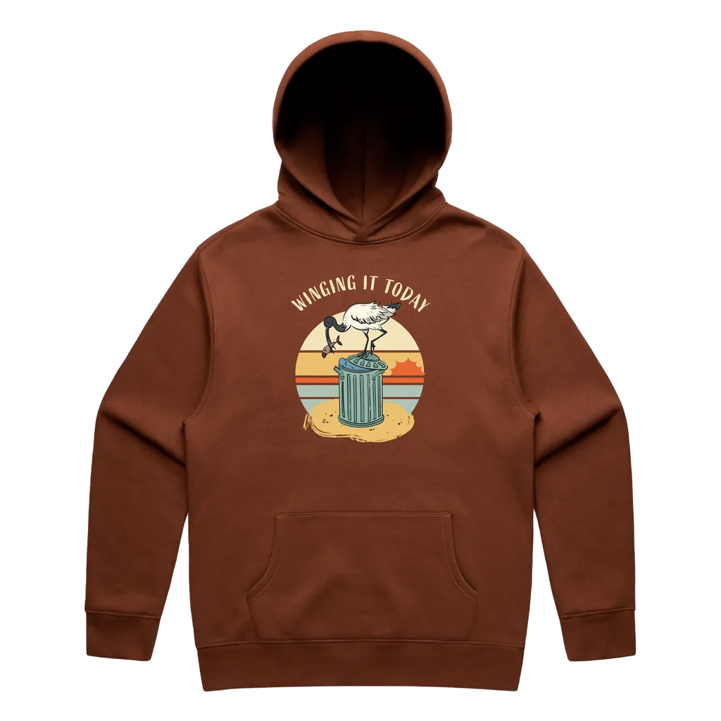 Men’s clay ibis hoodie featuring a cute, funny hand-drawn ibis design, Winging It Today print