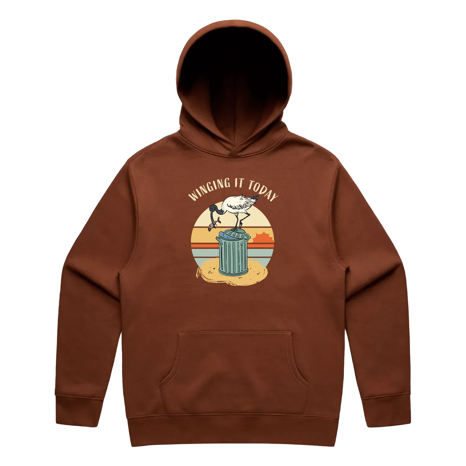 Men’s clay ibis hoodie featuring a cute, funny hand-drawn ibis design, Winging It Today print