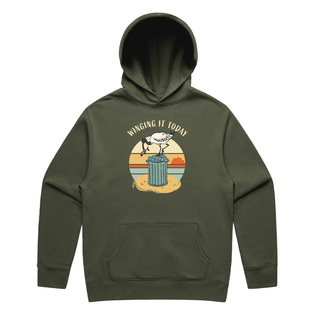 Men’s cypress ibis hoodie featuring a cute, funny hand-drawn ibis design, Winging It Today print