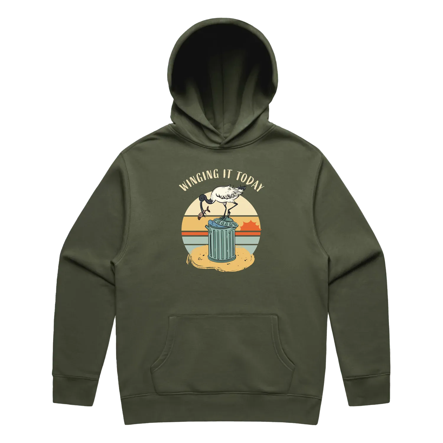 Men’s cypress ibis hoodie featuring a cute, funny hand-drawn ibis design, Winging It Today print