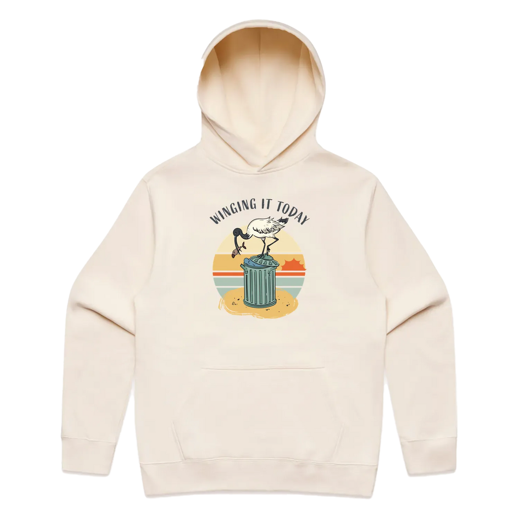 Men’s ecru ibis hoodie featuring a cute, funny hand-drawn ibis design, Winging It Today print