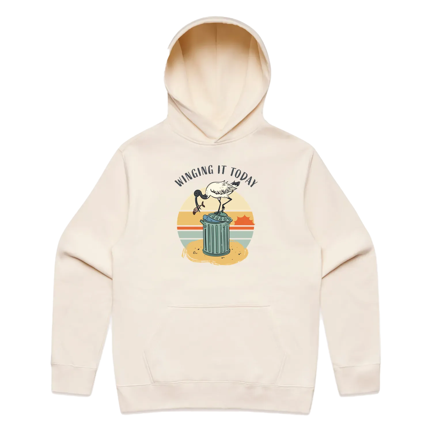 Men’s ecru ibis hoodie featuring a cute, funny hand-drawn ibis design, Winging It Today print