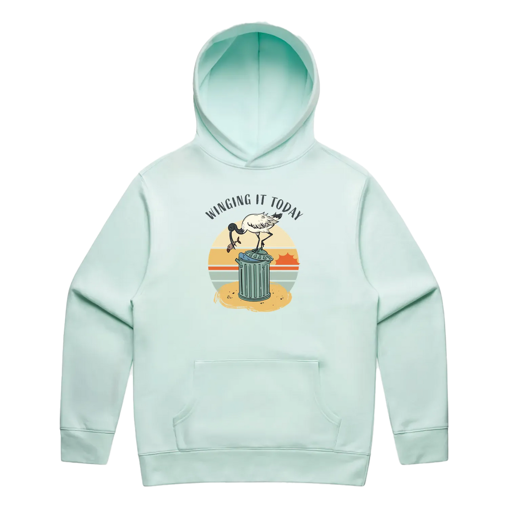 Men’s seafoam ibis hoodie featuring a cute, funny hand-drawn ibis design, Winging It Today print