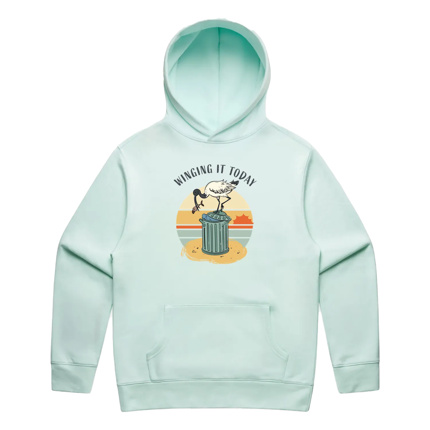 Men’s seafoam ibis hoodie featuring a cute, funny hand-drawn ibis design, Winging It Today print